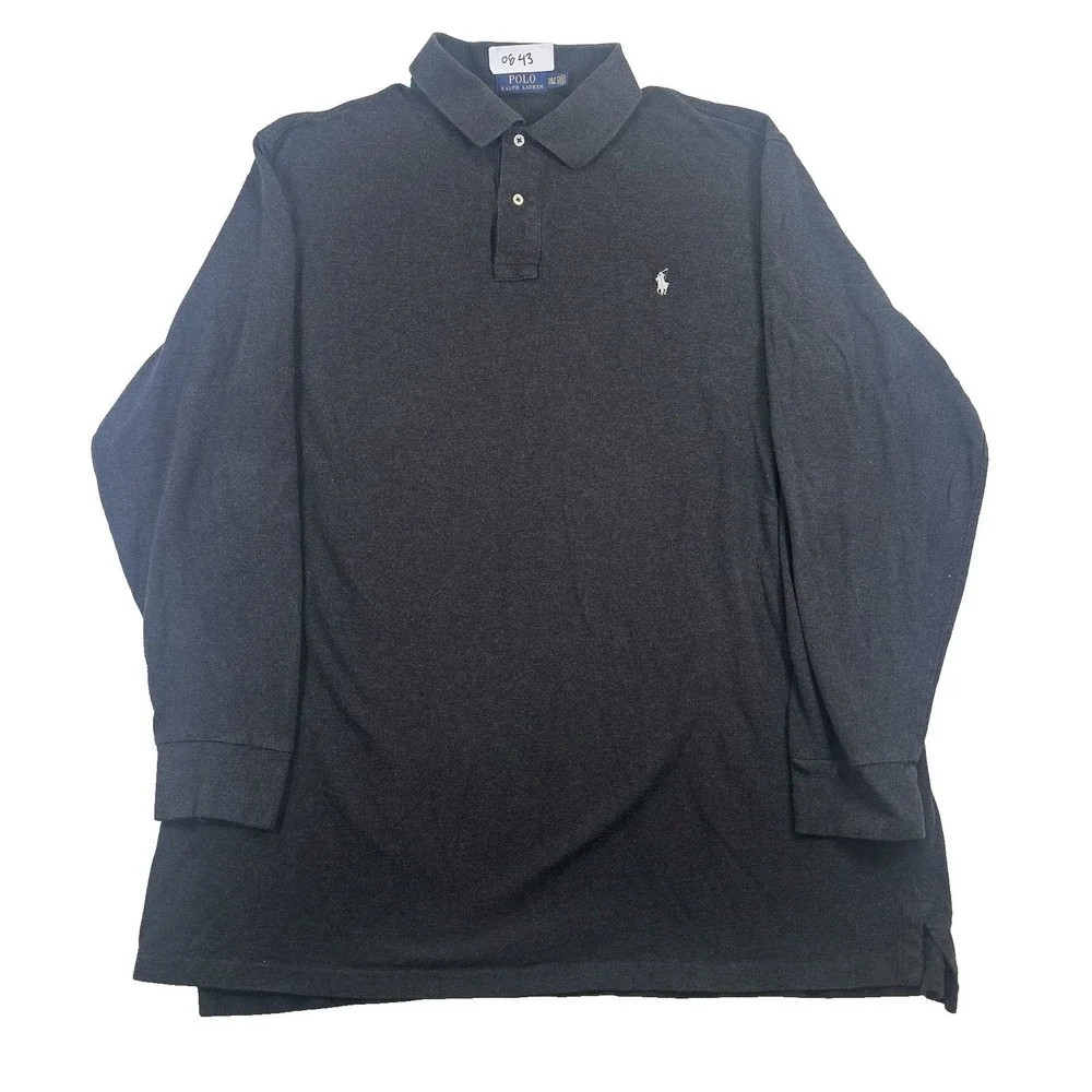 Polo Ralph Lauren Polo Shirt Mens 2XLT Gray Long Sleeve Cotton Pique Preppy Pony